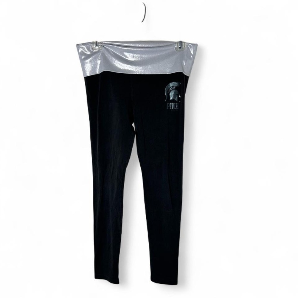 PINK Michigan State Spartans black yoga leggings silver foldover low rise